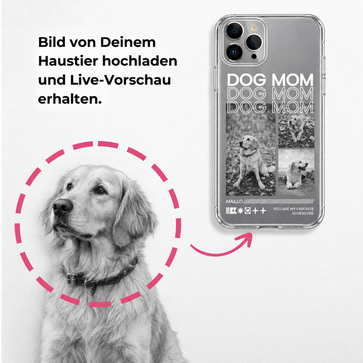 Gepersonaliseerd telefoonhoesje met opdruk "Dog Mom" en zwart-witfoto's van een hond. Transparant ontwerp.