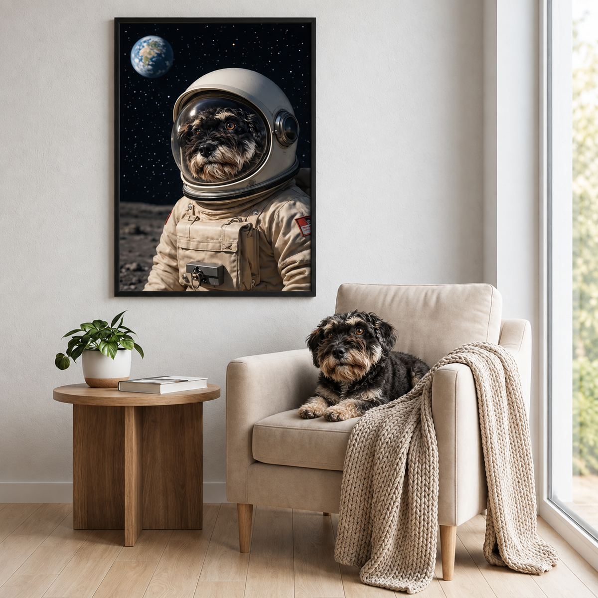 Gepersonaliseerde astronautenposter met hond in een kamer; bruine bank, planten en deken zichtbaar.