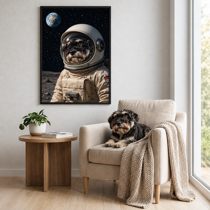Gepersonaliseerde astronautenposter met hond in een kamer; bruine bank, planten en deken zichtbaar.