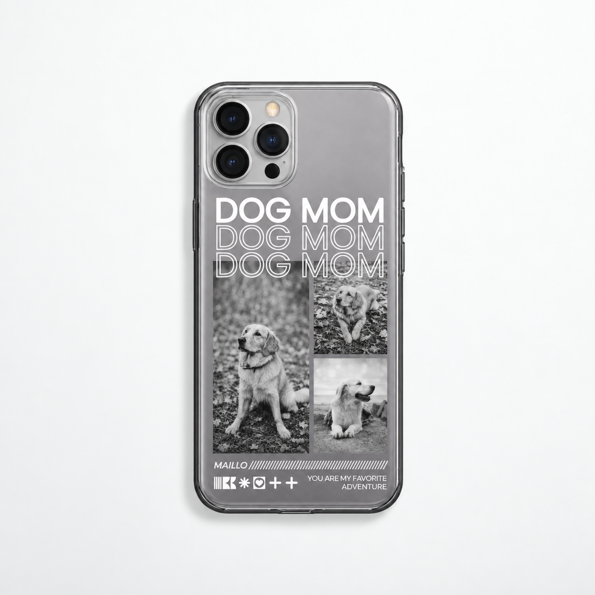 Gepersonaliseerd transparant telefoonhoesje met opdruk "DOG MOM" en zwart-witte hondenfoto's.