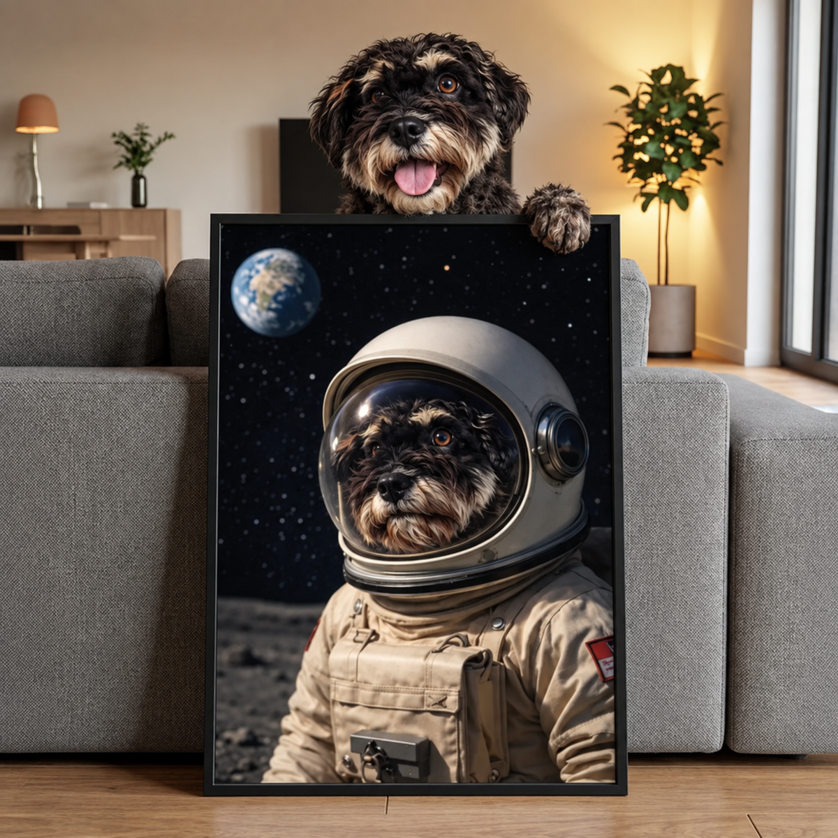 Poster van een hond in astronautenpak tegen een ruimteachtergrond. Zwarte lijst.