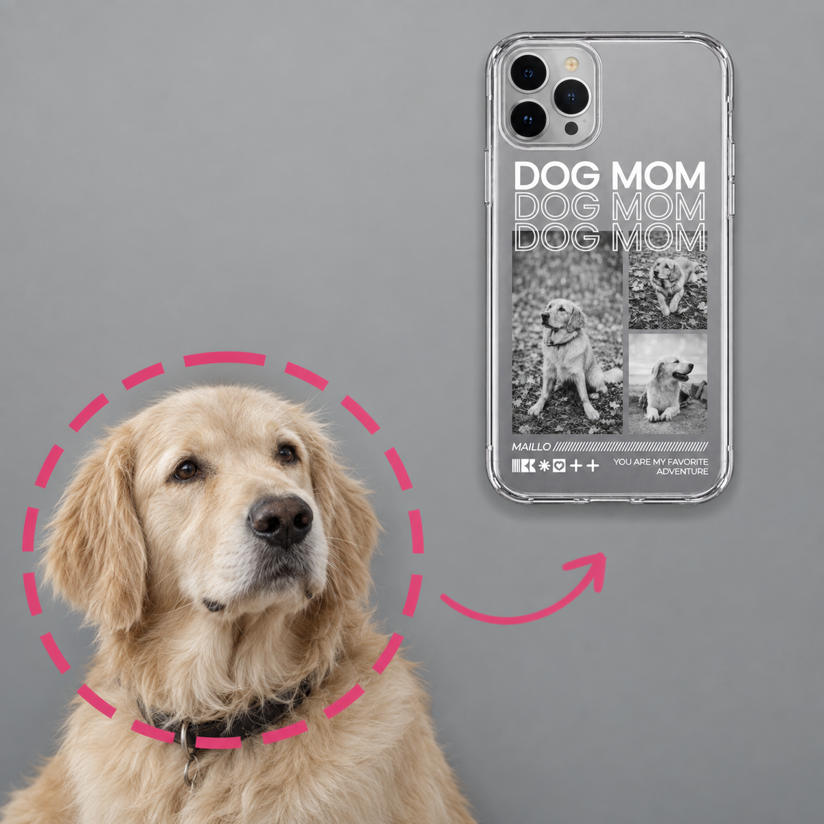 Gepersonaliseerd transparant telefoonhoesje met opdruk "Dog Mom" en afbeeldingen van honden.