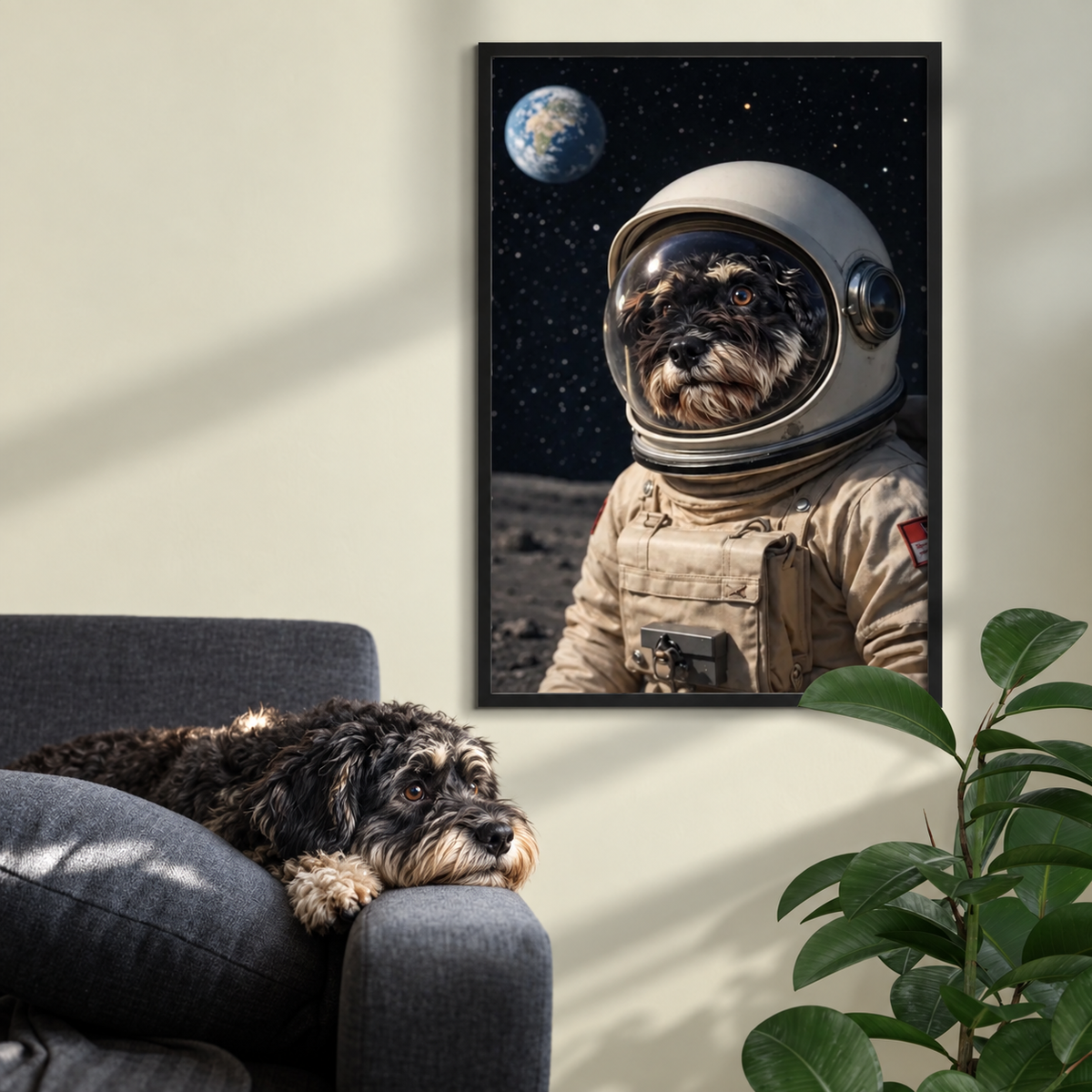Ingelijste poster van een astronautenhond in de ruimte, met de aarde op de achtergrond. Bank met hond.
