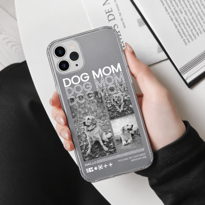 Telefoonhoesje met grijs ontwerp, de tekst "DOG MOM" en afbeeldingen van honden, transparant materiaal.
