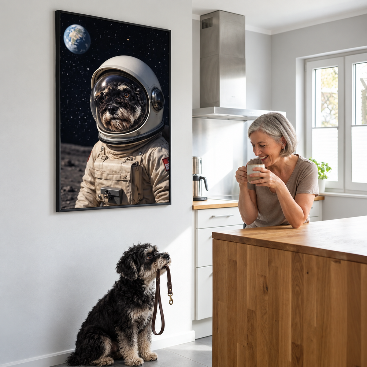 Gepersonaliseerde astronautenposter met hond in een kamer, vrouw houdt een kopje vast, hond zit aan de lijn.
