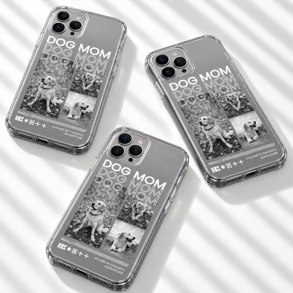 Gepersonaliseerd telefoonhoesje met hondenfoto's en de tekst "DOG MOM", transparant materiaal.