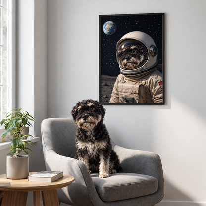Gepersonaliseerde astronautenposter met foto van een hond in een kamer, grijze fauteuil en plant zichtbaar.