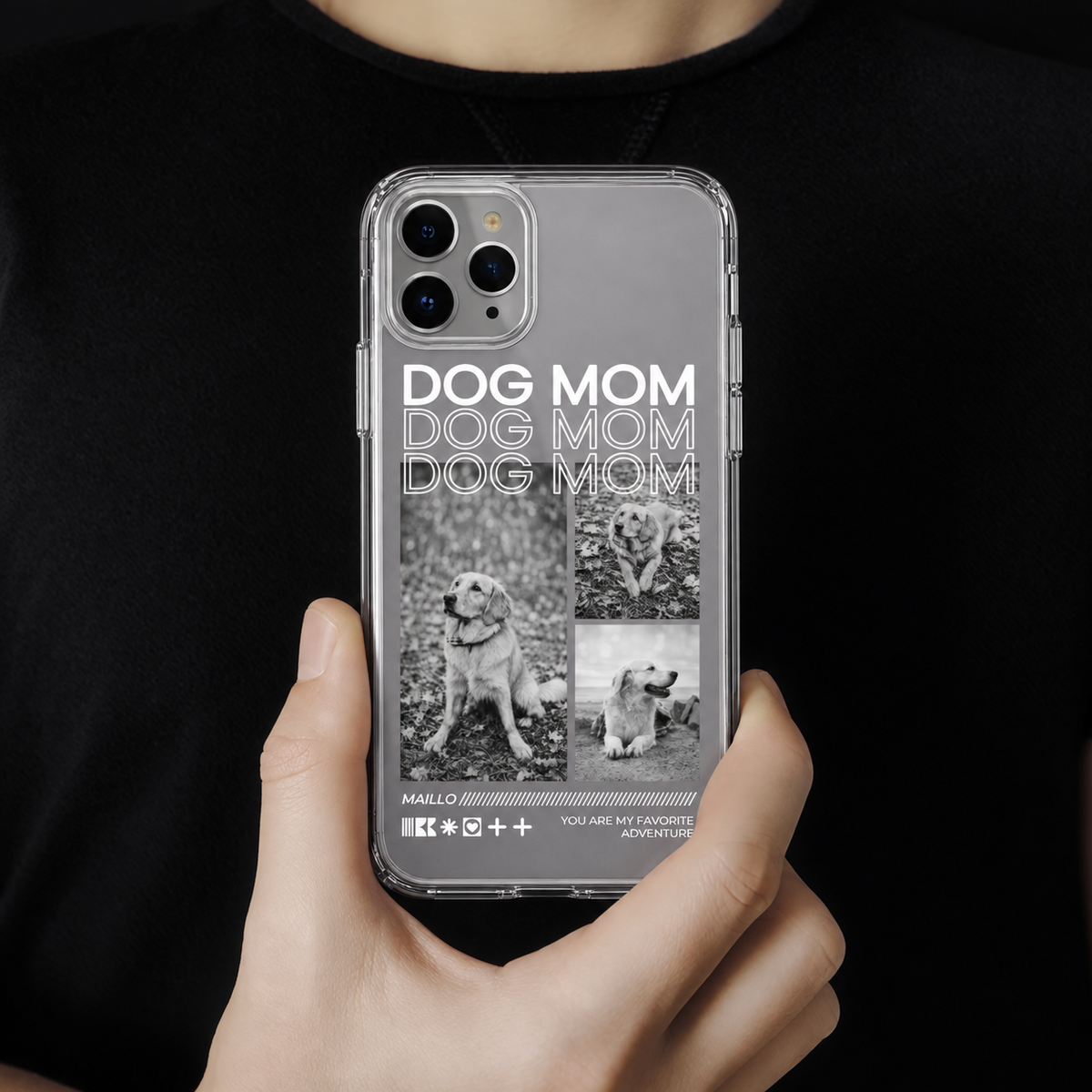 Gepersonaliseerd transparant telefoonhoesje met opdruk "Dog Mom" en foto's van honden.