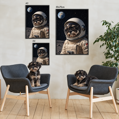Drie ingelijste posters van een hond in astronautenpak voor de aarde, in verschillende formaten, aan een muur.