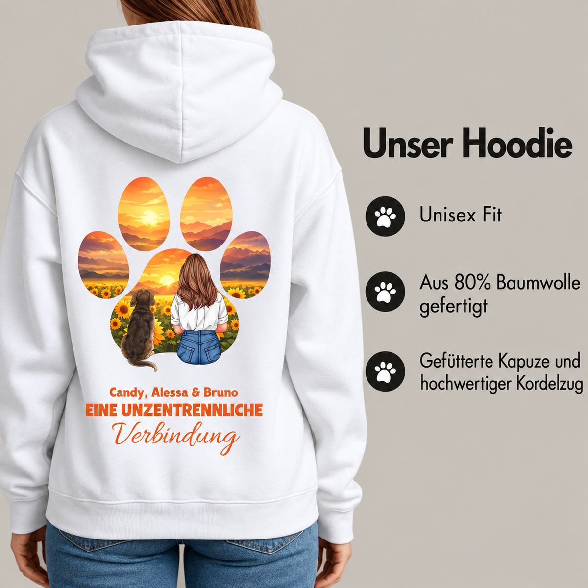 Witte hoodie met kleurrijke print van een vrouw en hond in een zonnebloemenlandschap. Unisex pasvorm, katoenmix.