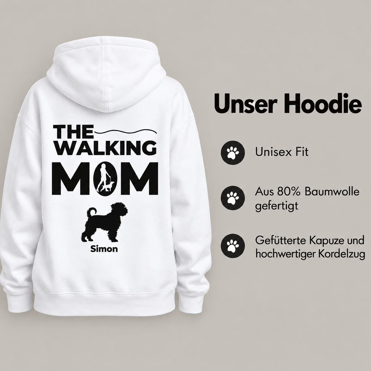 Witte hoodie met opdruk "THE WALKING MOM" en een hondensilhouet. Unisex ontwerp.