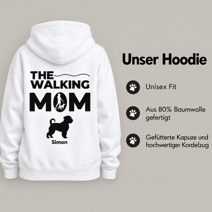 Witte hoodie met opdruk "THE WALKING MOM" en een hondensilhouet. Unisex ontwerp.