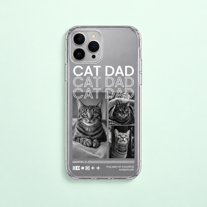 Coque de téléphone personnalisée avec motifs de chats et le texte "Cat Dad" en noir et blanc.
