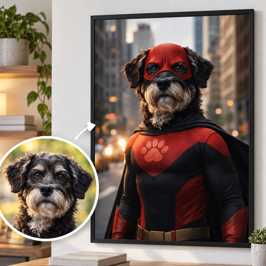 Gepersonaliseerde poster van een hond in superheldenkostuum met rood pak en zwarte cape.