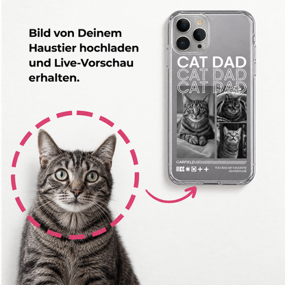 Coque de téléphone personnalisée avec le texte "CAT DAD" et des photos de chats. Matière transparente.