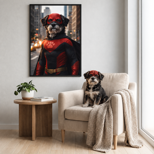 Een gepersonaliseerde poster van een hond in een rood-zwart superheldenkostuum aan de muur. Hond zit in een fauteuil.