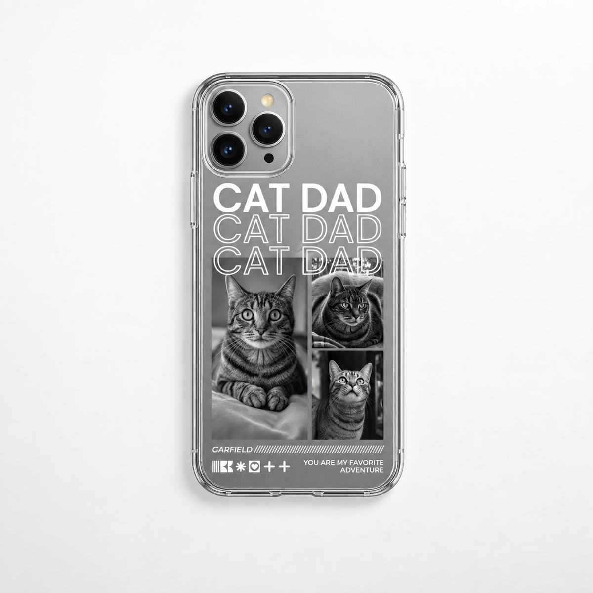Coque de téléphone personnalisée avec motifs de chats et l'inscription "CAT DAD" en noir et blanc.