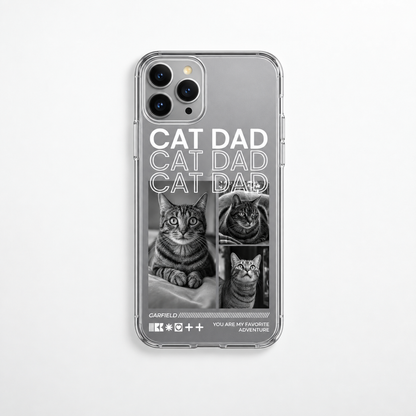 Coque de téléphone personnalisée avec motifs de chats et l'inscription "CAT DAD" en noir et blanc.