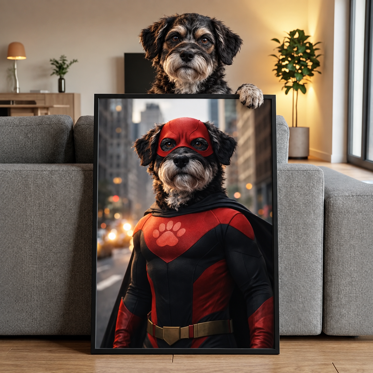 Een hond in een superheldenkostuum met rode cape en masker, de afbeelding in een lijst.