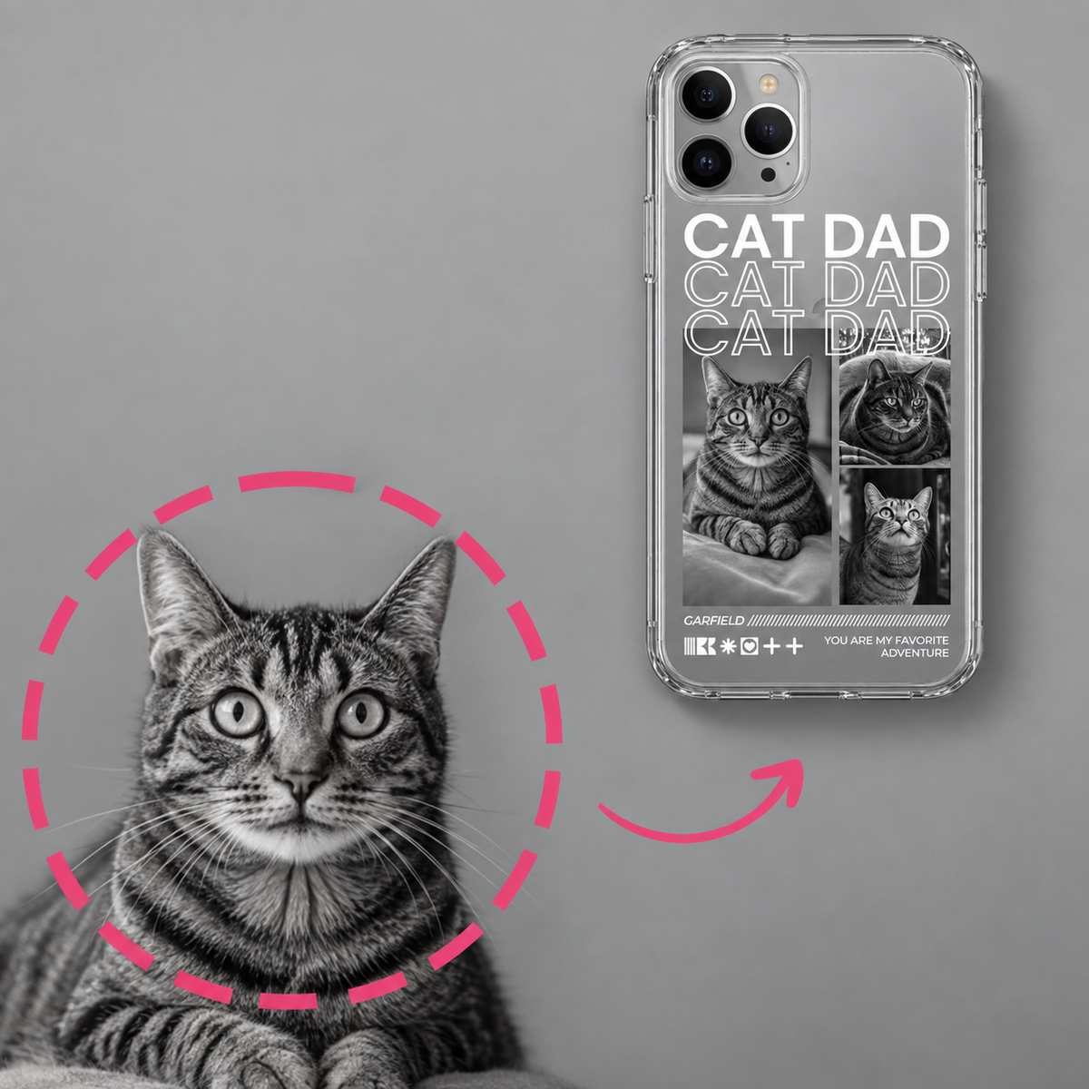 Coque de téléphone au design transparent avec l'inscription "Cat Dad" et des photos de chats.