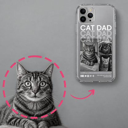 Coque de téléphone au design transparent avec l'inscription "Cat Dad" et des photos de chats.