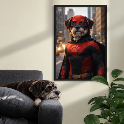 Poster van een hond in een rood-zwart superheldenpak met masker, decoratief aan de muur. Bank en plant in beeld.