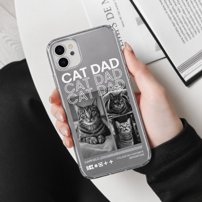 Coque de téléphone avec motifs de chats et l'inscription "CAT DAD" en noir et blanc, design transparent.