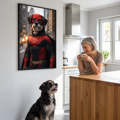 Gepersonaliseerde wandposter van een hond in superheldenpak in de keuken. Houten tafel en lachende vrouw met drankje.