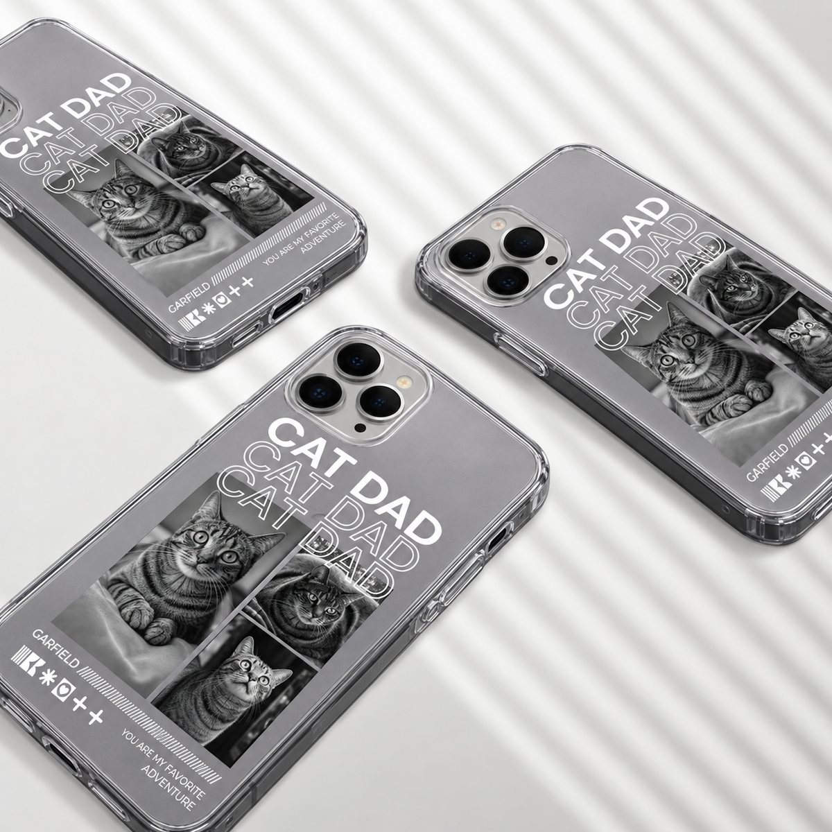 Coque de téléphone personnalisée avec motifs de chats, surface en plastique transparent, inscription "Cat Dad".
