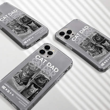 Coque de téléphone personnalisée avec motifs de chats, surface en plastique transparent, inscription "Cat Dad".