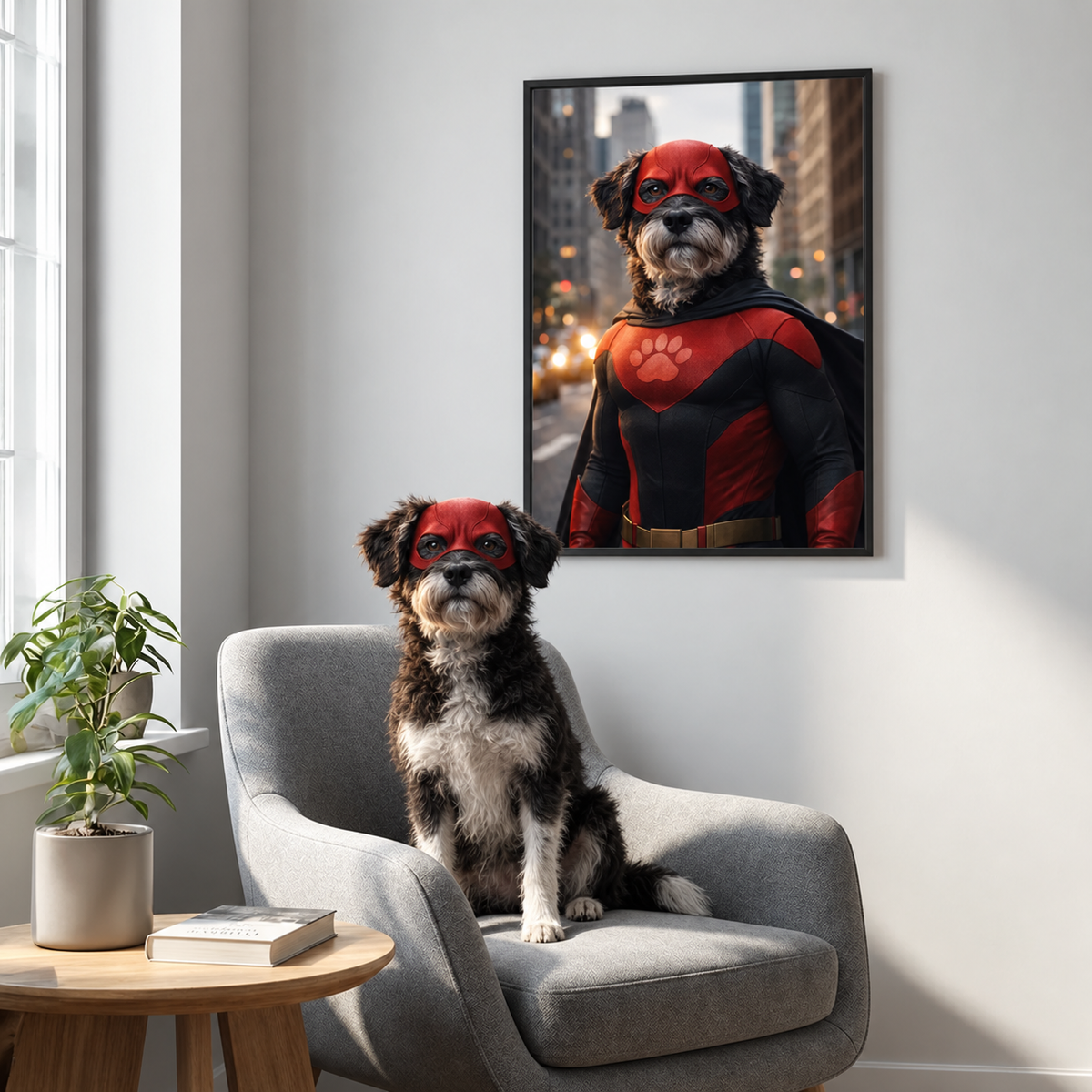 Hondenportret in de woonkamer, hond met rood masker en cape, gepersonaliseerde superheldenposter aan de muur.
