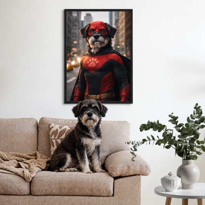 Hond op een bank, gepersonaliseerde poster van een hond als superheld aan de muur.