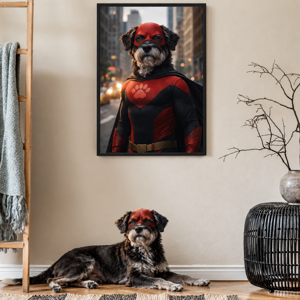 Hond in superheldenkostuum, rood pak met masker, ingelijste poster op de achtergrond.