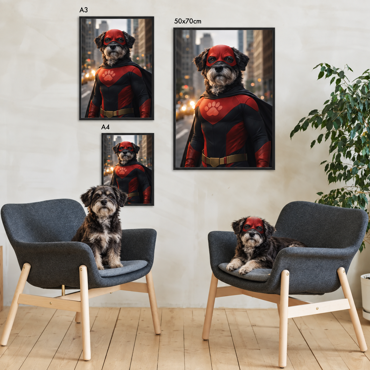 Gepersonaliseerde poster van een hond als superheld in rood kostuum, ingelijst in drie formaten aan de muur.