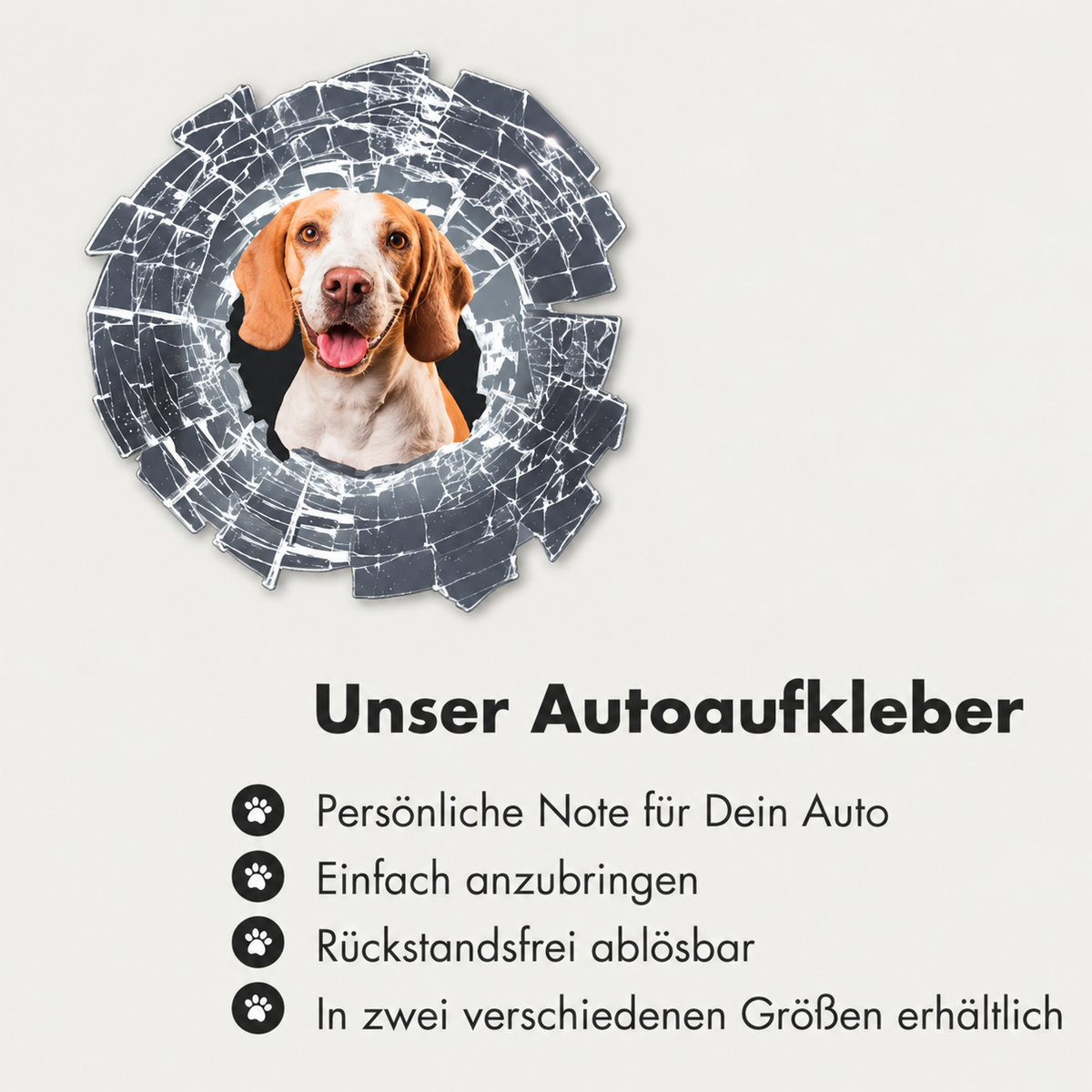 Autocollant de voiture personnalisé avec photo de chien en forme de verre brisé.
