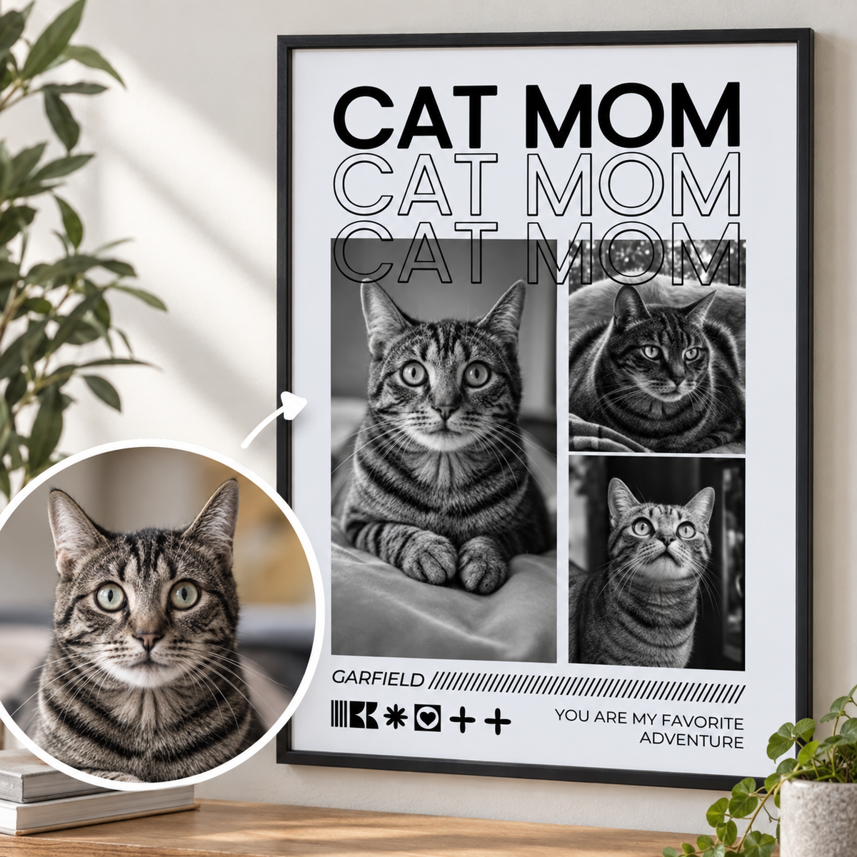 Poster personnalisé avec le texte "Cat Mom" et des photos noir et blanc d'un chat tigré.