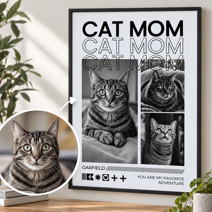 Poster personnalisé avec le texte "Cat Mom" et des photos noir et blanc d'un chat tigré.