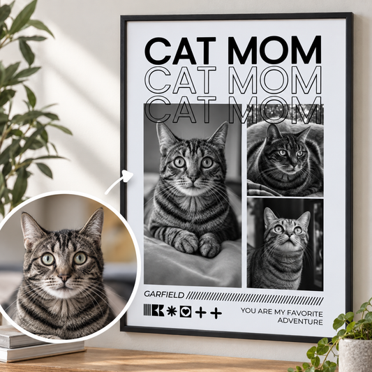 Poster personnalisé avec le texte "Cat Mom" et des photos noir et blanc d'un chat tigré.
