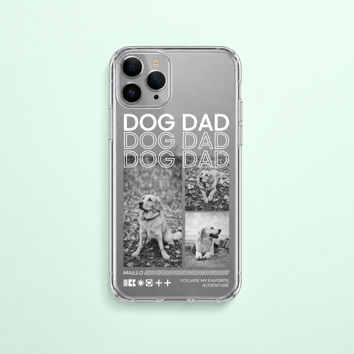 Gepersonaliseerd telefoonhoesje met de tekst "Dog Dad" en zwart-witfoto's van een hond.