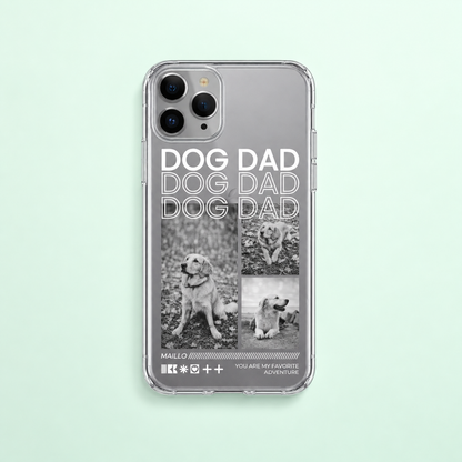 Gepersonaliseerd telefoonhoesje met de tekst "Dog Dad" en zwart-witfoto's van een hond.