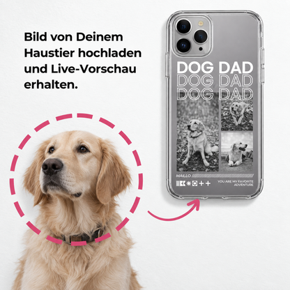 Transparant telefoonhoesje met "DOG DAD"-opdruk en ruimte voor een foto van je eigen hond.
