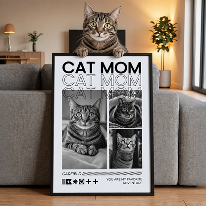 Poster personnalisé avec le texte "Cat Mom" et des photos d'un chat dans un intérieur moderne.