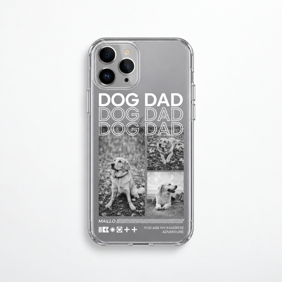 Transparant kunststof telefoonhoesje met motieven en de tekst "Dog Dad" in zwart-wit.