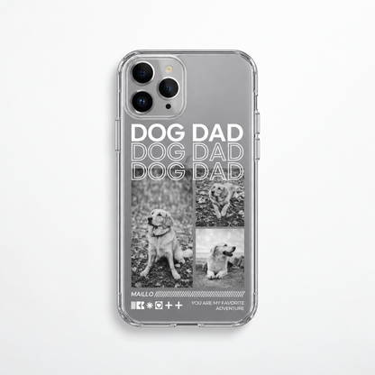 Transparant kunststof telefoonhoesje met motieven en de tekst "Dog Dad" in zwart-wit.