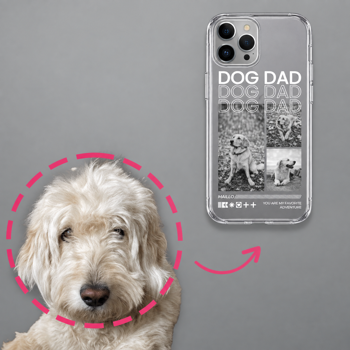 Gepersonaliseerd transparant telefoonhoesje met zwarte en gekleurde afbeeldingen en de tekst "DOG DAD".