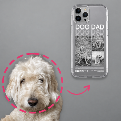Gepersonaliseerd transparant telefoonhoesje met zwarte en gekleurde afbeeldingen en de tekst "DOG DAD".