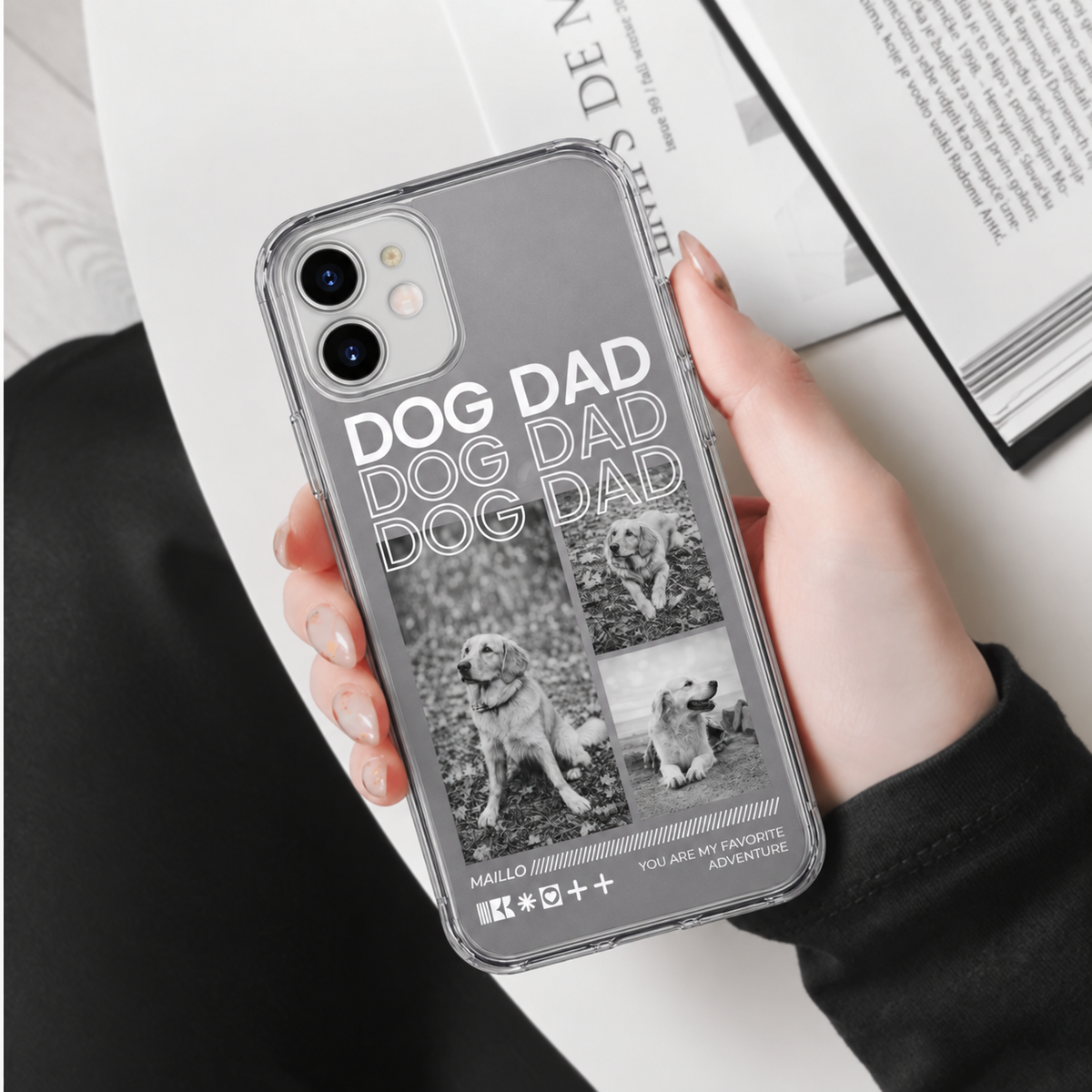 Gepersonaliseerd telefoonhoesje voor hondenpapa's met transparante achterkant en foto's van honden.