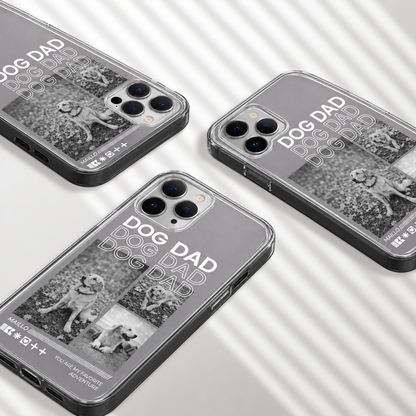 Gepersonaliseerd telefoonhoesje met hondenmotieven en de tekst "DOG DAD" in zwart-wit.