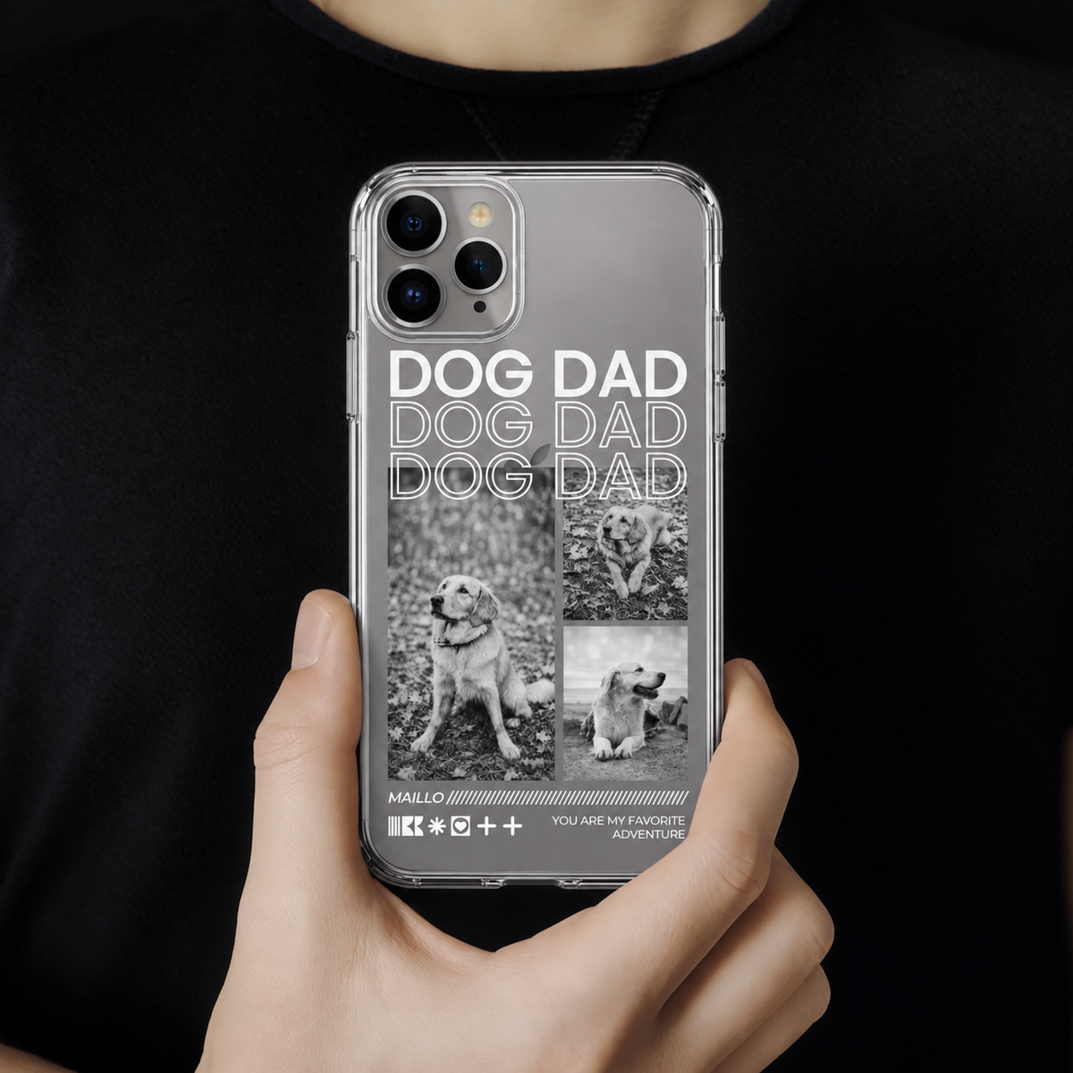 Gepersonaliseerd transparant telefoonhoesje met "Dog Dad"-motief en zwart-witte hondenfoto's.