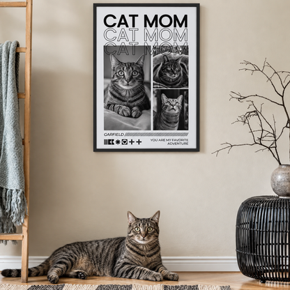 Poster personnalisé encadré avec photos de chats, le texte "CAT MOM" et de jolis motifs de chats.